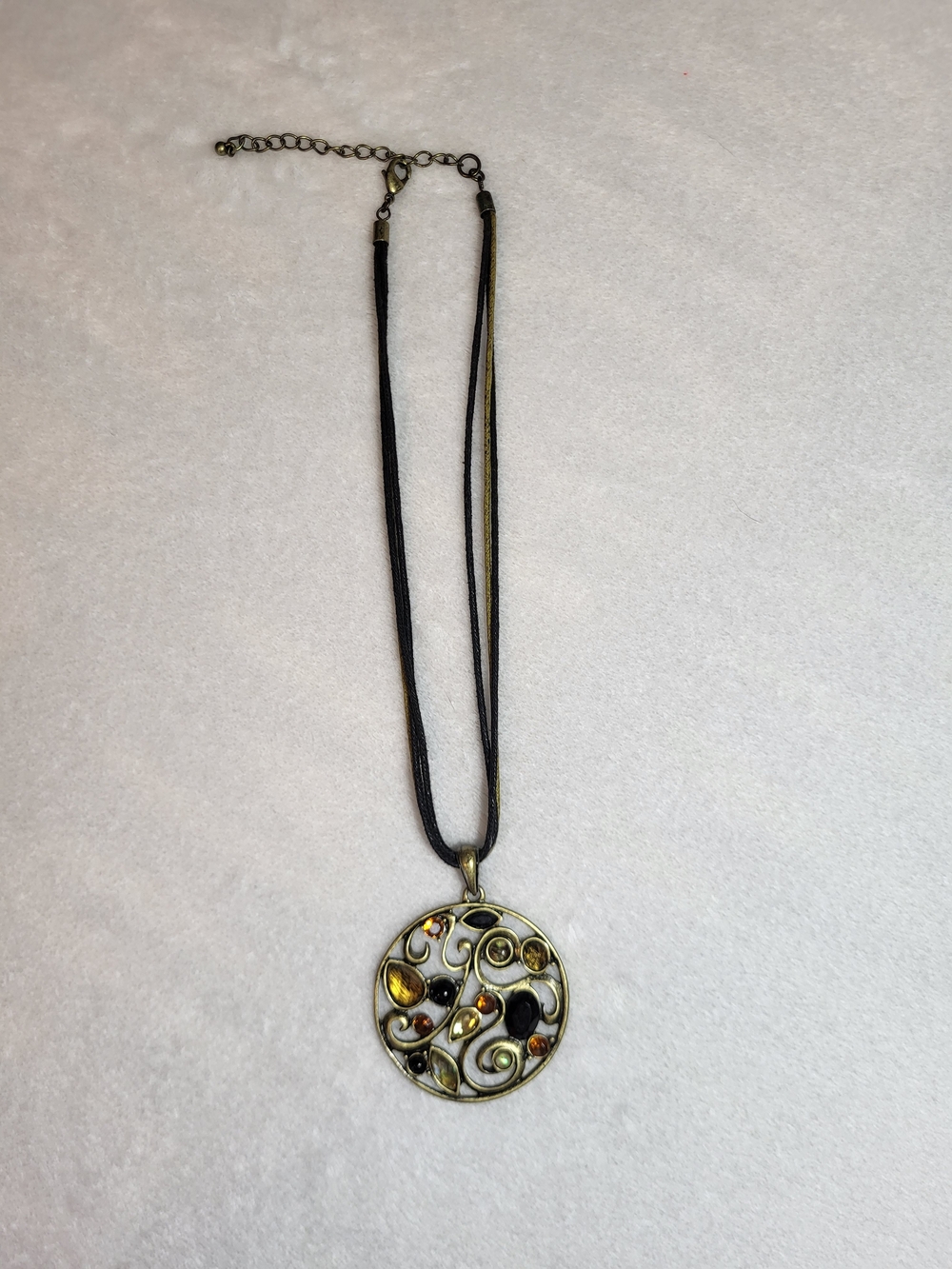 Round Filigree Pendant Necklace with Amber Accents - Black Cord
